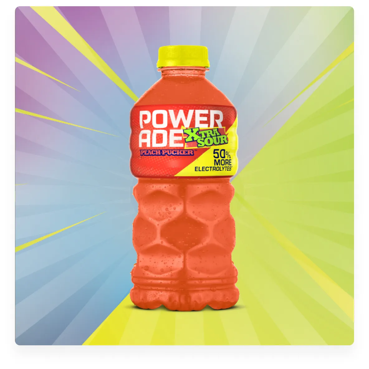 A bottle of Powerade XTRA Sour Peach Pucker on a multi-colored background